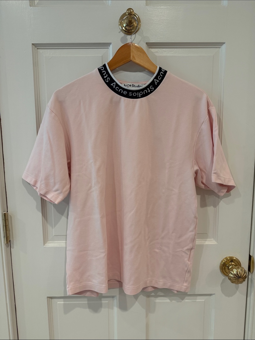 Acne Light Pink Short-Sleeve Tee with Black Logo Collar
